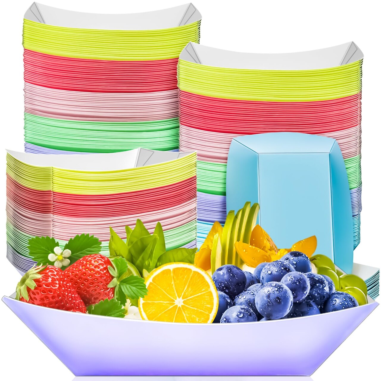 MotBach 100 Pack 3 LB Colorful Paper Food Boat Trays Disposable Paper Boats, Food Boats Colored Paper Food Serving Boat Tray Basket for Snack Burger BBQ Popcorn Taco Fries Carnival Festival Nacho